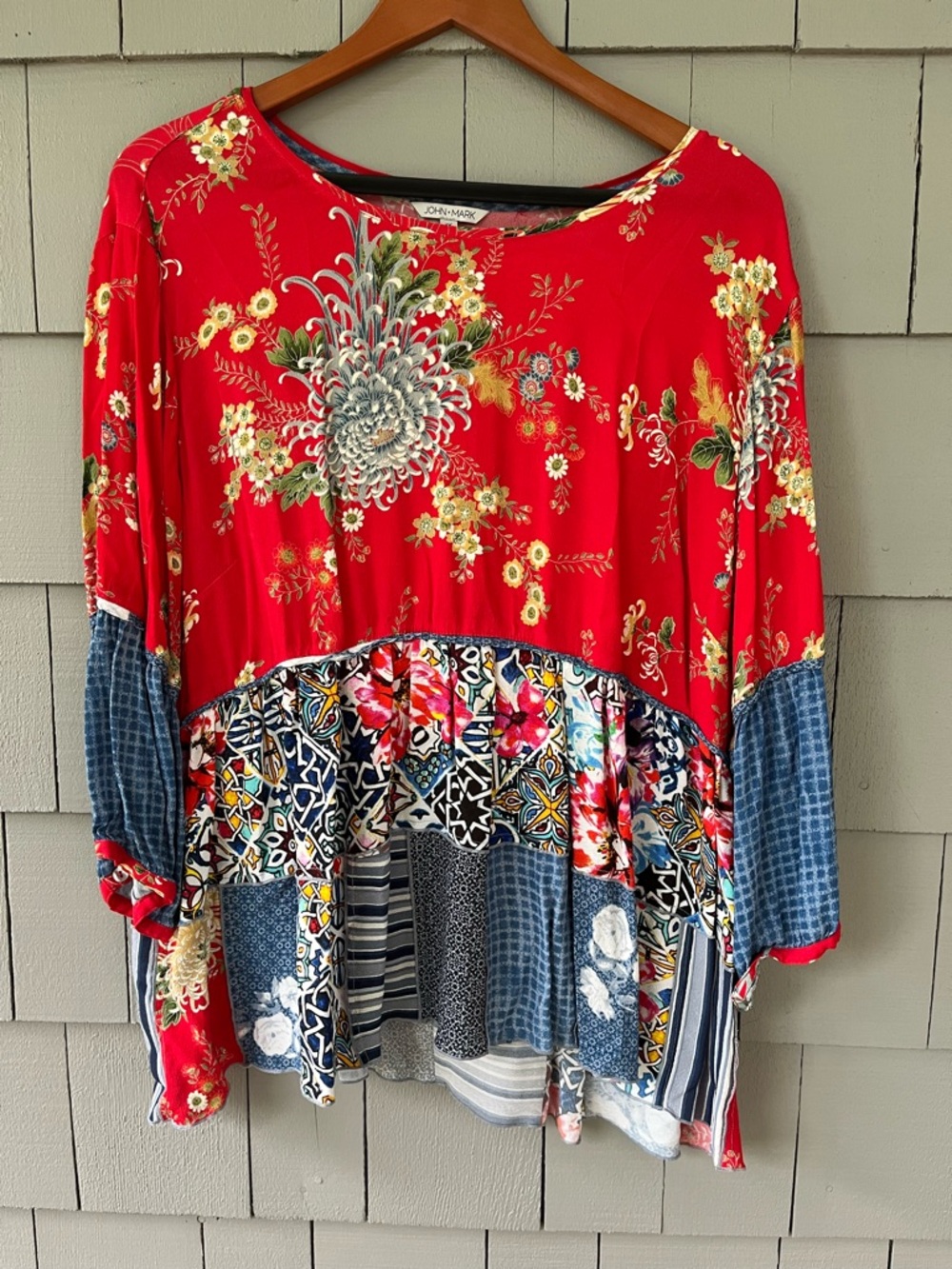 John Mark Red Floral Patchwork Tunic Top